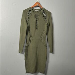 Ronny Kobo Olive Green Knitted Cut-Out Lace Up Detail Bodycon Dress size M NWOT
